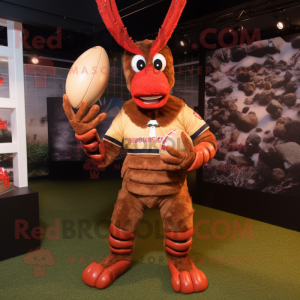 Rust Lobster mascot costume character dressed with a Rugby Shirt and Cummerbunds