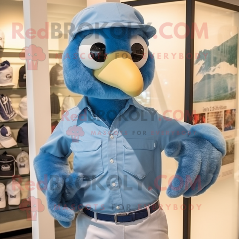 Sky Blue Haast'S Eagle mascot costume character dressed with a Poplin Shirt and Berets Sky Blue Haast'S Eagle mascot costume character dressed with a Poplin Shirt and Berets