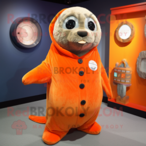 Orange Seal mascot costume character dressed with a Jumpsuit and Shawl pins