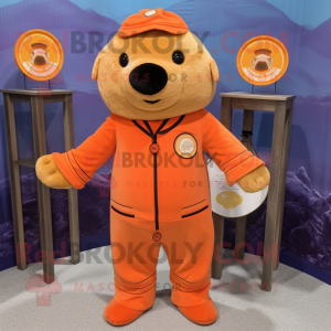 Orange Seal mascot costume character dressed with a Jumpsuit and Shawl pins