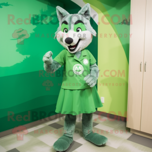 Green Say Wolf mascot costume character dressed with a Shift Dress and Shoe clips