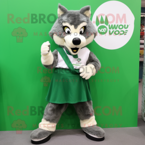 Green Say Wolf mascot costume character dressed with a Shift Dress and Shoe clips