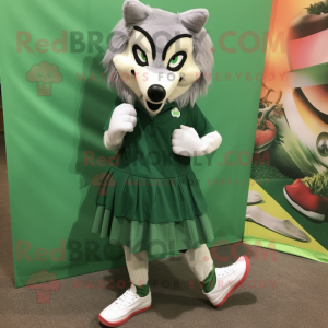 Green Say Wolf mascot costume character dressed with a Shift Dress and Shoe clips