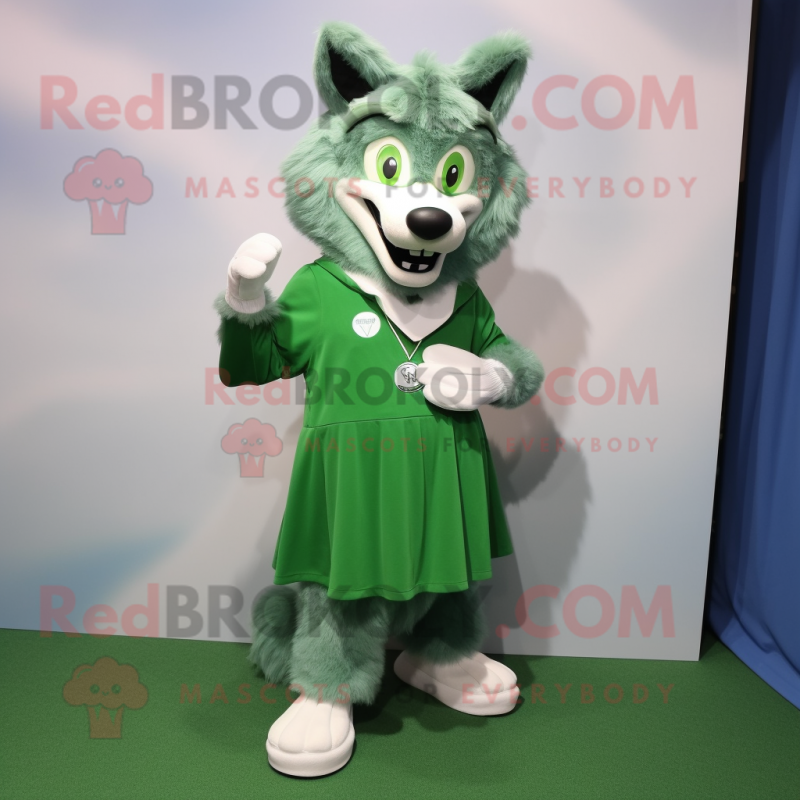 Green Say Wolf mascot costume character dressed with a Shift Dress and Shoe clips Green Say Wolf mascot costume character dressed with a Shift Dress and Shoe clips
