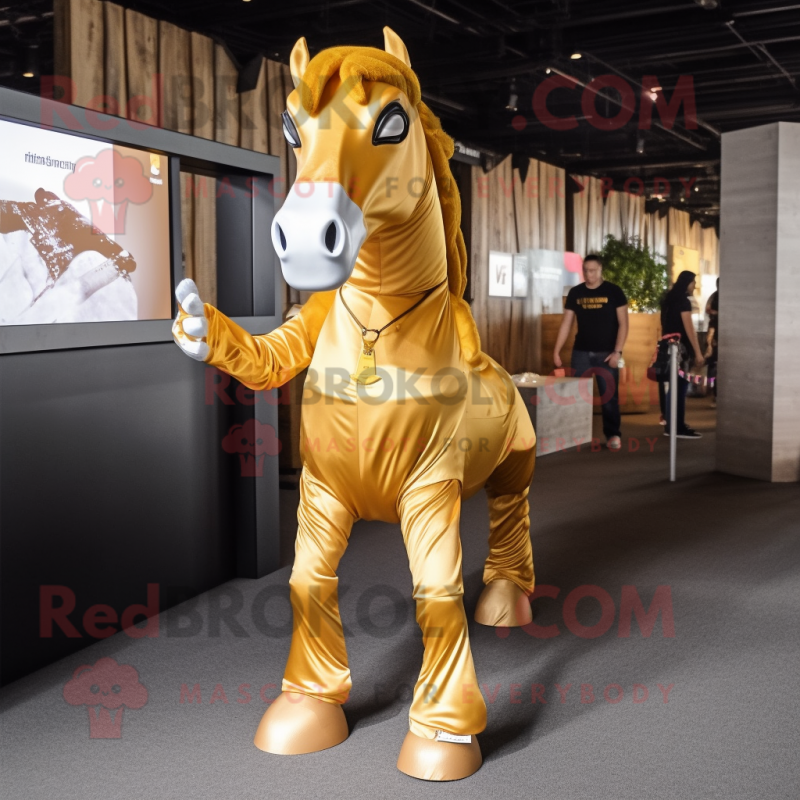Gold Horse mascot costume character dressed with a Skinny Jeans and Headbands Gold Horse mascot costume character dressed with a Skinny Jeans and Headbands