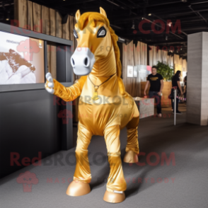 Gold Horse mascot costume character dressed with a Skinny Jeans and Headbands