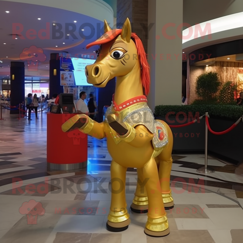 Gold Horse mascot costume character dressed with a Skinny Jeans and Headbands