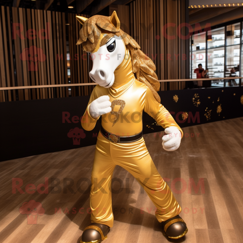 Gold Horse mascot costume character dressed with a Skinny Jeans and Headbands Gold Horse mascot costume character dressed with a Skinny Jeans and Headbands