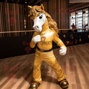 Gold Horse mascot costume character dressed with a Skinny Jeans and Headbands