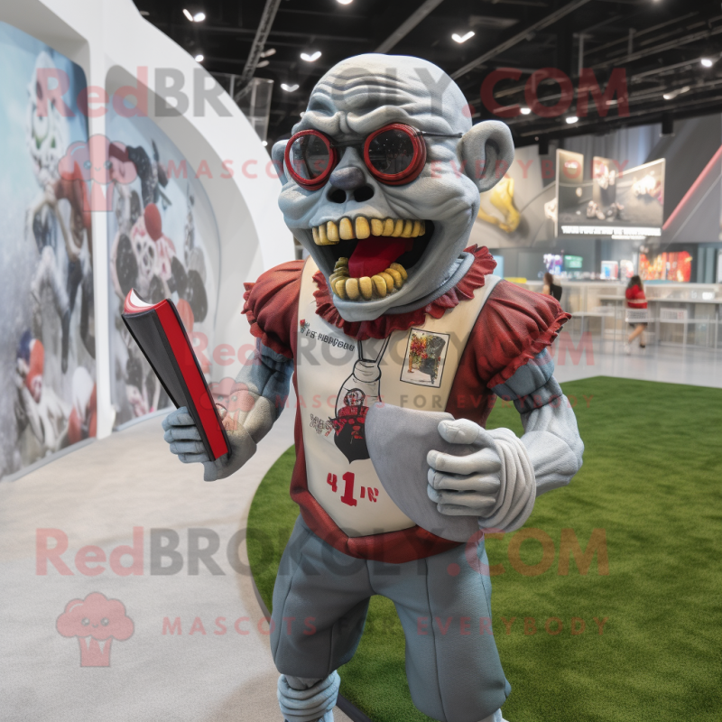 Gray Undead mascot costume character dressed with a Rugby Shirt and Reading glasses Gray Undead mascot costume character dressed with a Rugby Shirt and Reading glasses