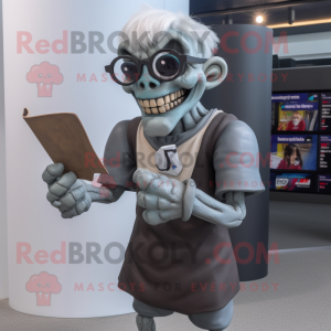 Gray Undead mascot costume character dressed with a Rugby Shirt and Reading glasses