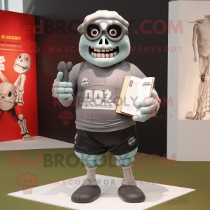 Gray Undead mascot costume character dressed with a Rugby Shirt and Reading glasses