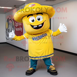 Yellow Tacos mascot costume character dressed with a Baseball Tee and Shoe laces