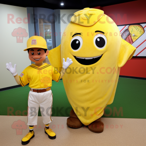 Yellow Tacos mascot costume character dressed with a Baseball Tee and Shoe laces