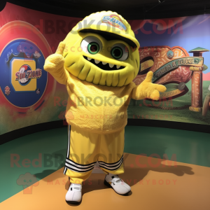 Yellow Tacos mascot costume character dressed with a Baseball Tee and Shoe laces