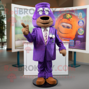 Purple Jambalaya mascot costume character dressed with a Suit and Lapel pins