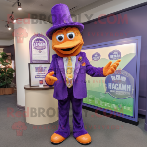 Purple Jambalaya mascot costume character dressed with a Suit and Lapel pins