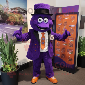 Purple Jambalaya mascot costume character dressed with a Suit and Lapel pins