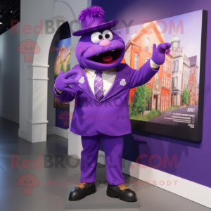 Purple Jambalaya mascot costume character dressed with a Suit and Lapel pins