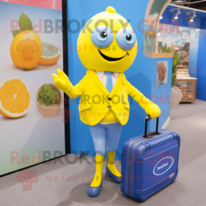 Blue Lemon mascot costume character dressed with a Midi Dress and Briefcases