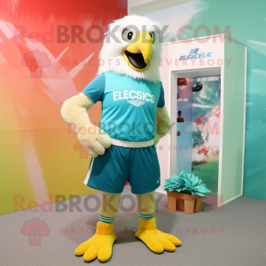 Turquoise Bald Eagle mascot costume character dressed with a Shorts and Clutch bags