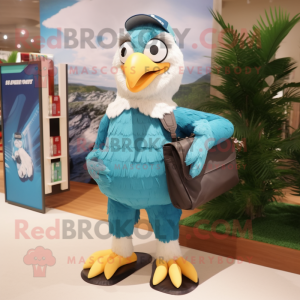 Turquoise Bald Eagle mascot costume character dressed with a Shorts and Clutch bags