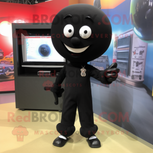 Black Television mascot costume character dressed with a Capri Pants and Lapel pins