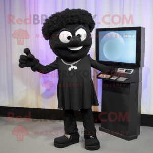 Black Television mascot costume character dressed with a Capri Pants and Lapel pins