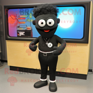 Black Television mascot costume character dressed with a Capri Pants and Lapel pins