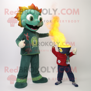 Forest Green Fire Eater mascot costume character dressed with a Jeans and Shawls