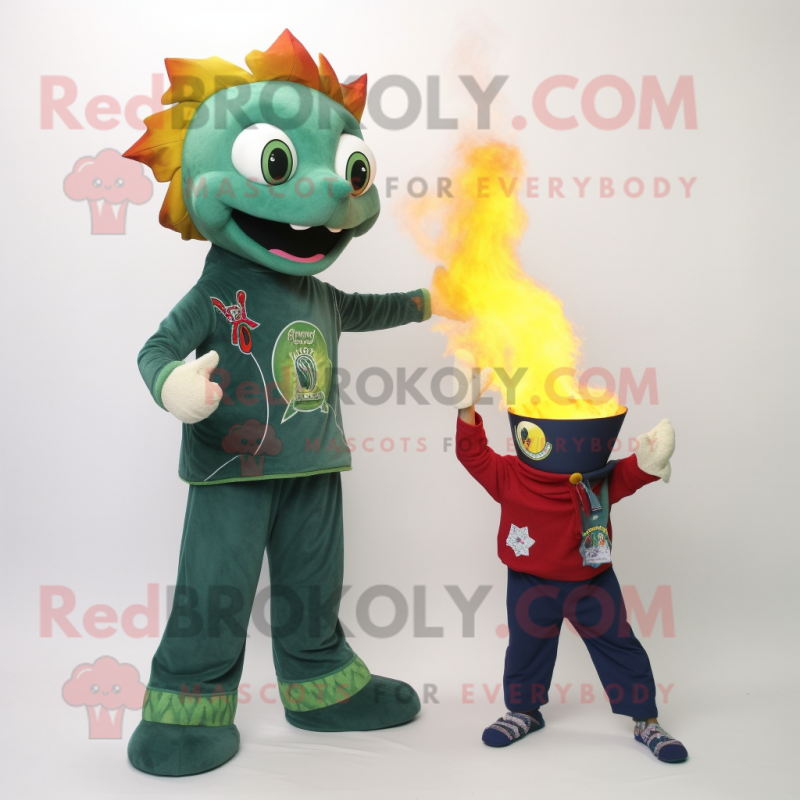 Forest Green Fire Eater mascot costume character dressed with a Jeans and Shawls Forest Green Fire Eater mascot costume character dressed with a Jeans and Shawls