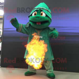 Forest Green Fire Eater mascot costume character dressed with a Jeans and Shawls