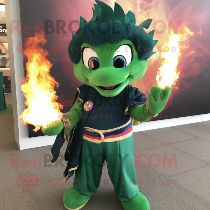 Forest Green Fire Eater mascot costume character dressed with a Jeans and Shawls Forest Green Fire Eater mascot costume character dressed with a Jeans and Shawls