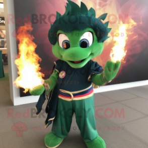 Forest Green Fire Eater mascot costume character dressed with a Jeans and Shawls