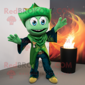 Forest Green Fire Eater mascot costume character dressed with a Jeans and Shawls