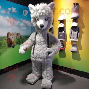 Gray Alpaca mascot costume character dressed with a T-Shirt and Shoe laces