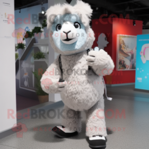 Gray Alpaca mascot costume character dressed with a T-Shirt and Shoe laces