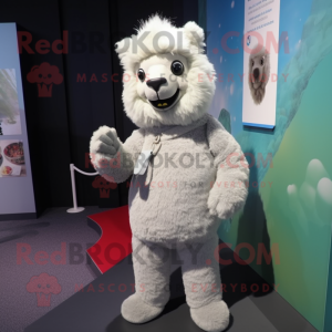 Gray Alpaca mascot costume character dressed with a T-Shirt and Shoe laces
