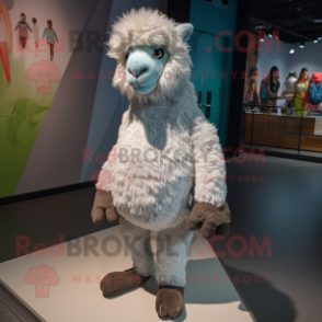 Gray Alpaca mascot costume character dressed with a T-Shirt and Shoe laces