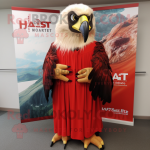 Red Haast'S Eagle mascot costume character dressed with a Maxi Dress and Lapel pins