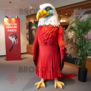 Red Haast'S Eagle mascot costume character dressed with a Maxi Dress and Lapel pins