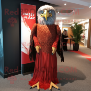 Red Haast'S Eagle mascot costume character dressed with a Maxi Dress and Lapel pins