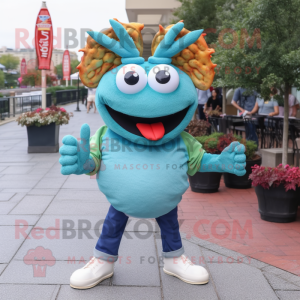 Teal Crab Cakes mascot costume character dressed with a Boyfriend Jeans and Eyeglasses