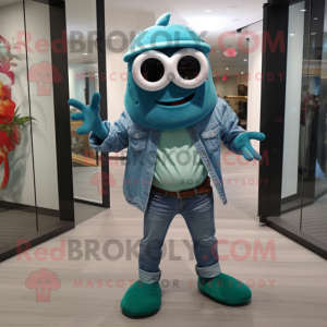 Teal Crab Cakes mascot costume character dressed with a Boyfriend Jeans and Eyeglasses