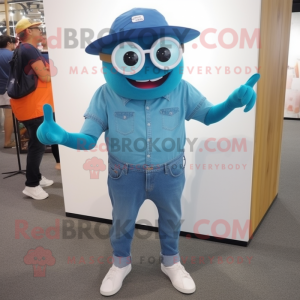 Teal Crab Cakes mascot costume character dressed with a Boyfriend Jeans and Eyeglasses