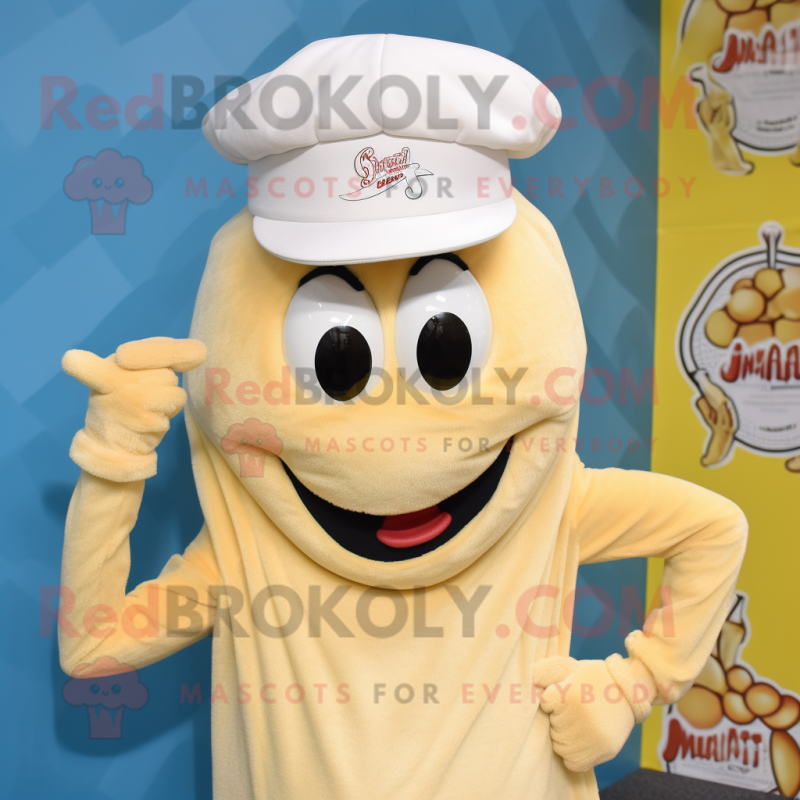 Cream Shrimp Scampi mascot costume character dressed with a Shorts and Caps Cream Shrimp Scampi mascot costume character dressed with a Shorts and Caps