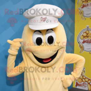 Cream Shrimp Scampi mascot costume character dressed with a Shorts and Caps