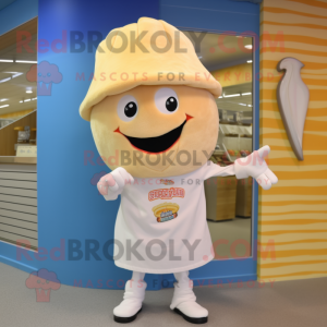 Cream Shrimp Scampi mascot costume character dressed with a Shorts and Caps