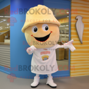 Cream Shrimp Scampi mascot costume character dressed with a Shorts and Caps