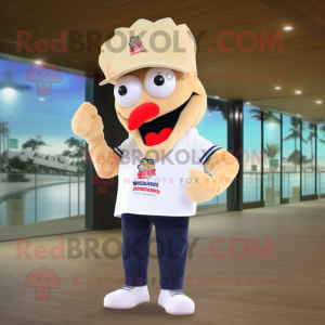 Cream Shrimp Scampi mascot costume character dressed with a Shorts and Caps